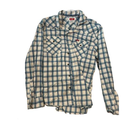 Wrangler Blue White Checked Flannel Button Down Shirt Mens L - Picture 1 of 3